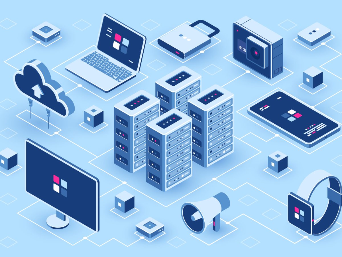 Computer technology isometric icon, server room, digital device set, element for design, pc laptop, mobile phone with smartwatch, cloud storage, flat vector illustration